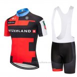 2019 Maillot Cyclisme Suisse Rouge Noir Manches Courtes et Cuissard