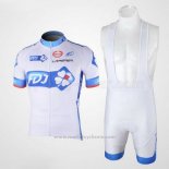 2010 Maillot Cyclisme FDJ Blanc et Bleu Clair Manches Courtes et Cuissard